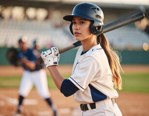 Determined female baseball player at bat with teammates in the background prepared for action