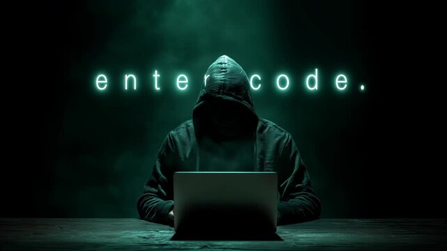 hooded hacker typing on laptop in dark hacking scene. green holograph with lettering "enter code". dark web cyber attack data theft in hacking attempt.