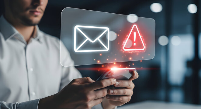 Person examining digital interface with a message and alert icon, symbolizing communication, notification, and awareness in a modern technological context.