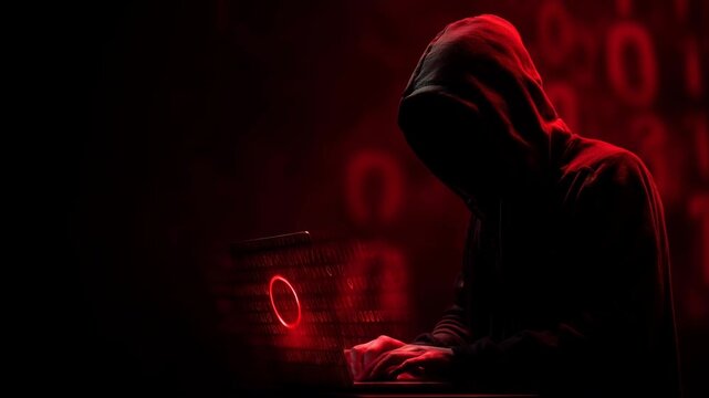 hooded hacker typing on laptop in dark hacking scene. with codes zero and one. dark web cyber attack data theft in hacking attempt.