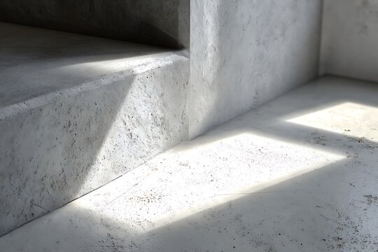 Modern minimalist concrete interior with dramatic sunlight casting geometric shadows creating a serene architectural ambiance - Powered by Adobe