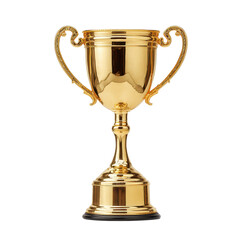 Shiny golden trophy placed on a white background showcasing victory and achievement in a competition or event