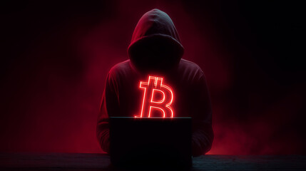 hooded hacker typing on laptop in dark hacking scene. dark web cyber attack data theft in hacking attempt.