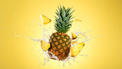A moving pineapple floating on a yellow background with splashes of water