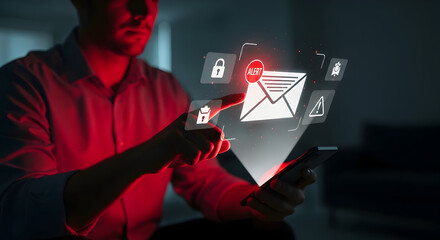 Person interacting with glowing interface displaying communication icons, representing digital messaging and information technology in a futuristic setting with vibrant lighting.