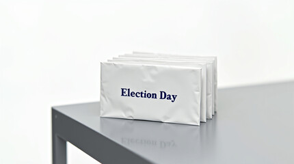 Stack of white envelopes with election day text on a gray table, isolated on white background, representing the concept of voting by mail and the importance of participating in elections