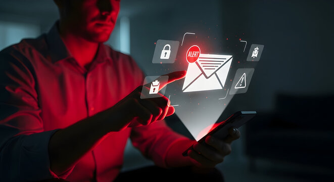 Person interacting with glowing interface displaying communication icons, representing digital messaging and information technology in a futuristic setting with vibrant lighting.