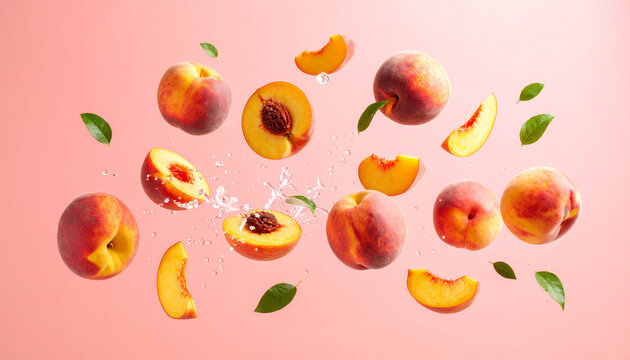 Moving peaches and splashes of water floating on a pink background