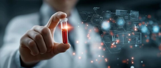A lab scientist holds a bottle next to a computer screen.  Scientists' research is advanced by technology.  Clear data analysis is made possible by healthcare labs. - Powered by Adobe