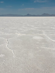 Cracked white surface of Bonneville salt flats stretching to the horizon with distant mountains under a clear blue sky