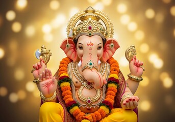 Golden Ganesh Idol with Garland | Hindu Spiritual God Image for Devotion