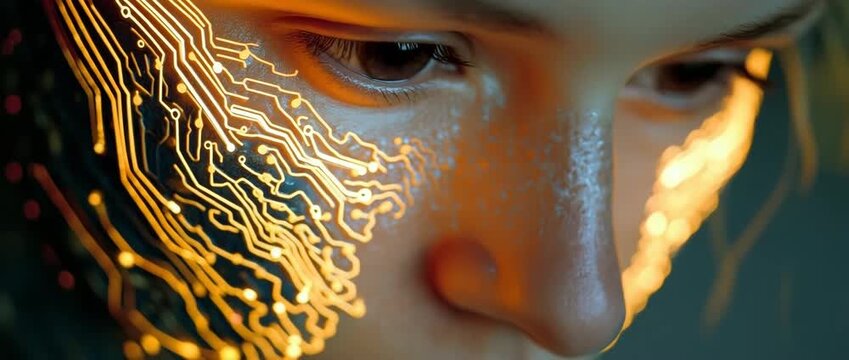 The woman robot shuts her eyes.  flashing circuit on the face.  serene robot picture, serene appearance.  Neon circuit lines demonstrate cutting-edge technology.