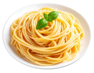 Elegant plated spaghetti adorned with fresh basil, presented on a pure white background