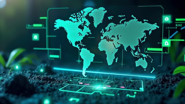 Eco friendly supply chain, blockchain monitoring, digital world map, sustainable agriculture, green technology, innovation
