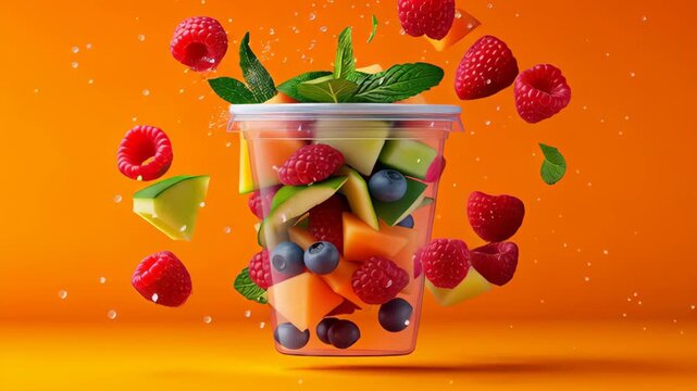 Vibrant fruit cup with assorted berries, melons, and mint leaves, dynamically suspended in mid-air against a bright orange backdrop, showcasing an energetic and colorful food scene in motion