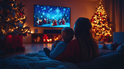 joyful moments during Christmas night, with a TV on, family interactions, and a magical holiday atmosphere