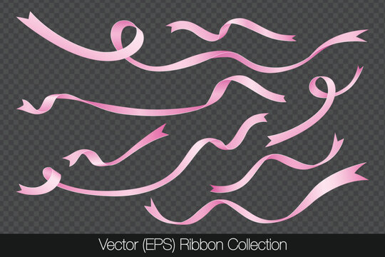 Realistic set of pink ribbons isolated on a transparent background, featuring curved ribbons in different lengths, twists, and shapes. Vector illustration for holiday decorations and graphic projects