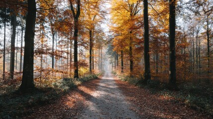 Fototapeta premium Pathway Through Vibrant Autumn Forest With Golden Foliage. Serene Nature Walk In Fall Season