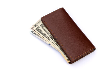 Wallet Filled with US Dollar Bills on White Background