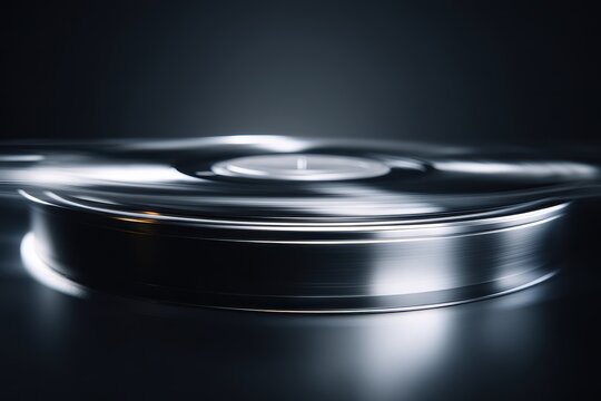 Vinyl record spinning on a turntable against a dark background; Music advertising