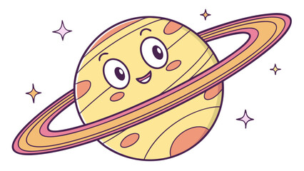 Cartoon saturn planet with rings and a happy face surrounded by four stars in a white background