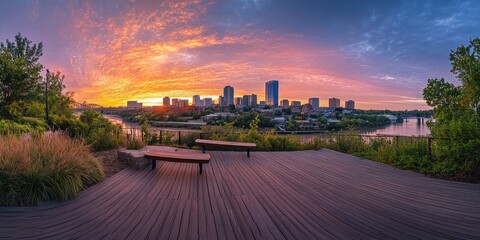 Panoramic view of the Little Rock, AR skyline from an elevated platform overlooking the river and downtown at sunset.