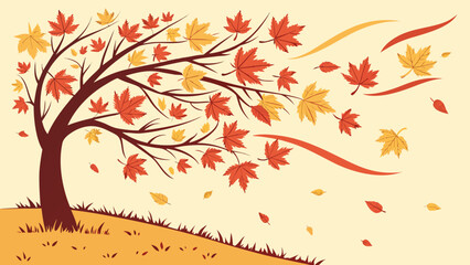 Obraz premium Illustration of a windblown tree with red and yellow leaves in an autumn landscape scene on a beige background