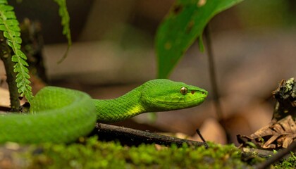 Fototapeta premium Emerald Elegance A Vibrant Green Pit Viper Perches in Lush Foliage