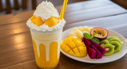 A paradise of mango indulgence, creamy and fruity in every sip.