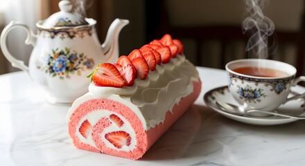 A cozy dessert scene showing strawberry swiss roll paired with a classic tea set for an elegant afternoon tea.
