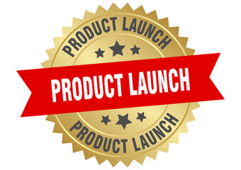 product launch. product launch round red and gold label isolated on transparent background