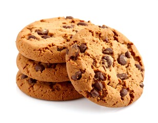 Delicious Stack of Chocolate Chip Cookies on a White Background close up