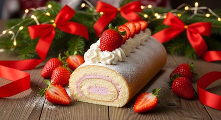 A festive dessert presentation highlighting strawberry swiss roll as a perfect treat for celebrations.