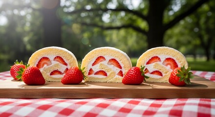 A cheerful picnic setting featuring sweet strawberry swiss roll as the star dessert.