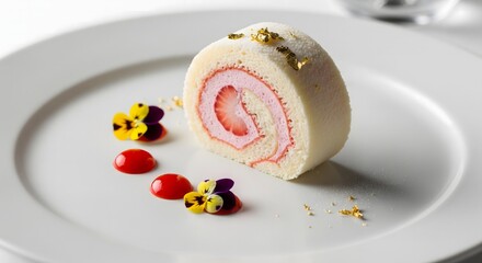 A luxurious restaurant dessert presentation showcasing strawberry swiss roll as a gourmet treat.