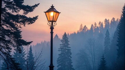A vintage street lamp illuminates a foggy forest at sunset, creating a serene and atmospheric winter scene with pine trees and soft light