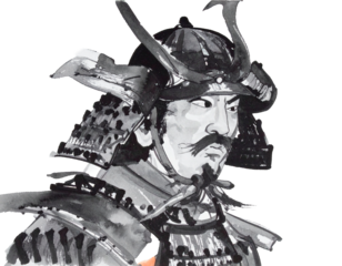 Illustration of a military commander wearing armor and a helmet, drawn with a brush. Handwritten style. Brush. Japan. Japanese style. Warring States period.