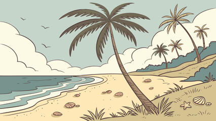 Cartoon beach scene with palm trees, ocean waves, clouds, birds and seashells on the sandy shore line