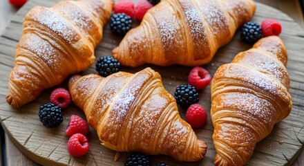Flaky golden croissants placed on a wooden board with scattered raspberries and blackberries, styled with powdered sugar on top.