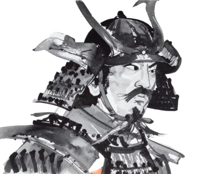 Illustration of a military commander wearing armor and a helmet, drawn with a brush. Handwritten style. Brush. Japan. Japanese style. Warring States period.