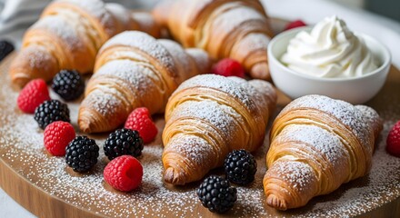 Croissants styled with powdered sugar, fresh raspberries, and blackberries, served on a wooden board with a small bowl of whipped cream.