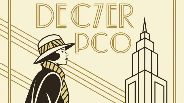 Art deco illustration featuring a woman in a hat and coat next to a stylized building design element