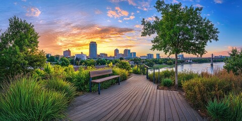 Panoramic view of the Little Rock, AR skyline from an elevated platform overlooking the river and downtown at sunset.