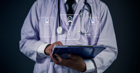 Close-up of a healthcare professional with stethoscope and clipboard, medical records while checking certification documents icons for medical standards and quality assurance.