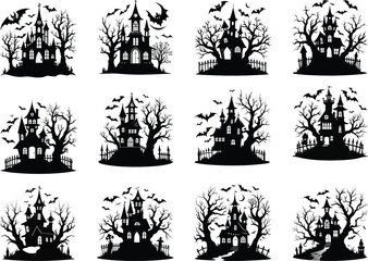 Fototapeta premium Spooky Haunted House Silhouettes Collection for Halloween Designs with Bats and Bare Trees Isolated on White Background