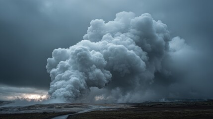 Volcanic Eruption Steam rises in Iceland, storm clouds; geological study resource
