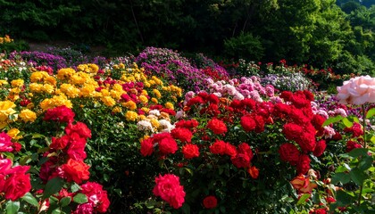 Vibrant hillside garden overflowing with colorful rose bushes in full bloom