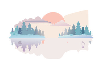 Fototapeta premium Scenic landscape painting of forest lake at sunset with reflection art illustration for print and design