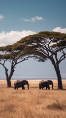 Fototapeta premium Elephants roam beneath acacia trees