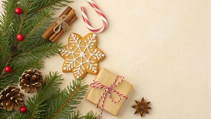 Festive christmas composition with gingerbread cookie, gift, pine branch, cinnamon sticks and candy cane on beige background
